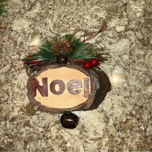 "NOEL" Wooden Christmas Holiday Ornament with Bell, Pinecone, Pine